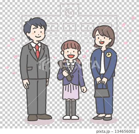 桜吹雪の中、卒業証書を持って笑顔の女の子の小学生と家族 134656002