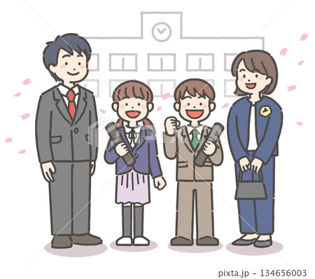 桜吹雪の中、卒業証書を持って笑顔の、男の子と女の子の小学生と家族 134656003