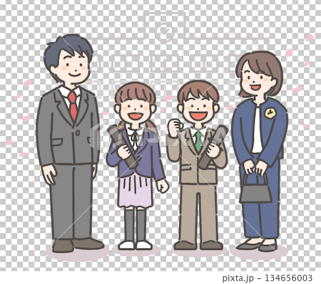 桜吹雪の中、卒業証書を持って笑顔の、男の子と女の子の小学生と家族 134656003