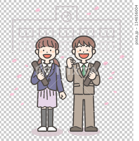 Smiling elementary school boy and girl holding a diploma amid a flurry of cherry blossom petals 134656004