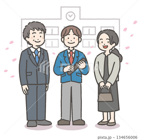 桜吹雪の中、卒業証書を持って笑顔の、男子中学生・高校生と家族 134656006