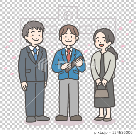 笑容燦爛的國高中男生和他們的家人手捧畢業證書，周圍飄落著櫻花花瓣。 134656006
