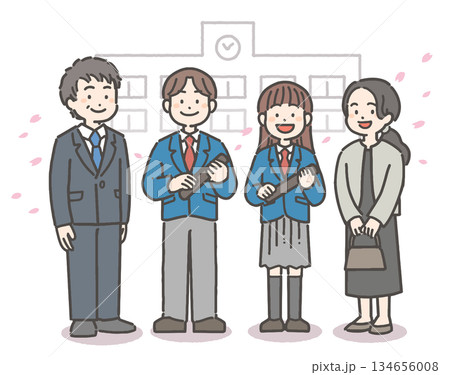 桜吹雪の中、卒業証書を持って笑顔の、男子と女子の中学生・高校生と家族 134656008
