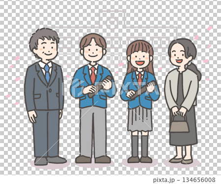 桜吹雪の中、卒業証書を持って笑顔の、男子と女子の中学生・高校生と家族 134656008