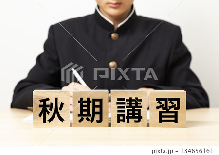 「秋期講習」と書かれたブロックと男子学生 「秋期講習」と書かれたブロックと男子学生 134656161