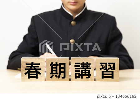 「春期講習」と書かれたブロックと男子学生 「春期講習」と書かれたブロックと男子学生 134656162