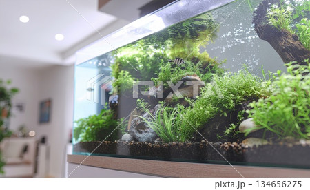 《AI画像》熱帯魚が泳ぐ水槽のあるおしゃれな部屋 134656275