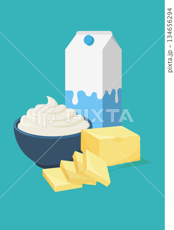 Set of dairy farm products in vector style stock illustration 134656294