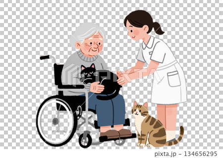 一位白髮蒼蒼的老婦人坐在輪椅上，膝上輕輕地抱著一隻熟睡的黑貓，腳邊蹲著一隻棕色虎斑貓。 134656295