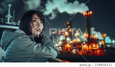 工場夜景クルーズを楽しむ女性 134656311