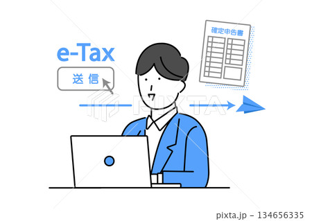ノートパソコンを使ってイータックスを利用する男性のイメージイラスト 134656335