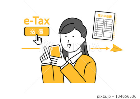 スマホを使ってイータックスを利用する女性のイメージイラスト 134656336