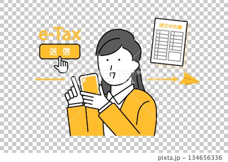 スマホを使ってイータックスを利用する女性のイメージイラスト 134656336
