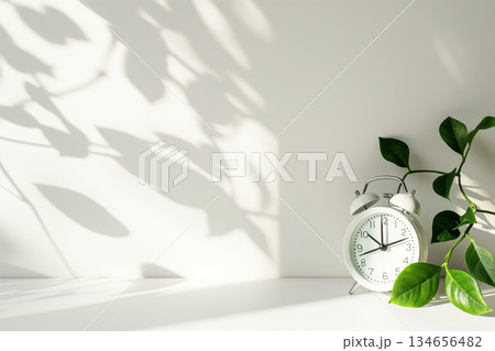 白背景に置かれた目覚まし時計と植物の物撮り 白背景に置かれた目覚まし時計と植物の物撮り 134656482