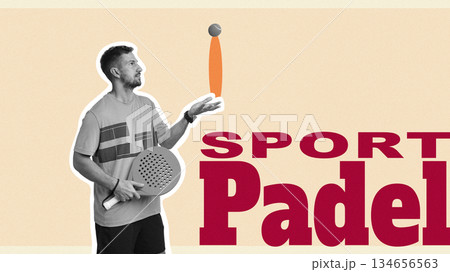 Exciting padel player practices ball juggling indoors for enhanced skills Exciting padel player practices ball juggling indoors for enhanced skills 134656563