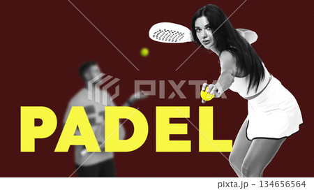Women enjoys playing padel while a man prepares to serve during an indoor match 134656564
