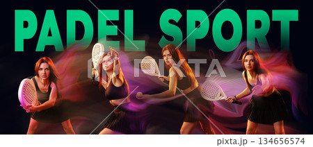Padel sport players showcasing skills and techniques in dynamic poses 134656574