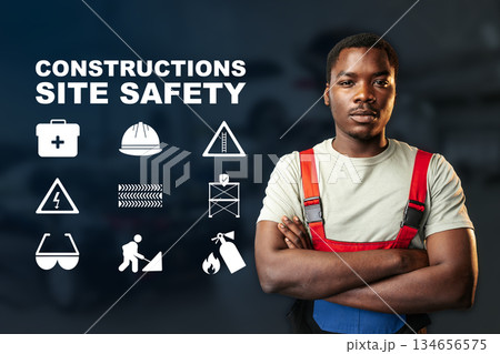 Construction worker promoting safety measures in a work environment 134656575
