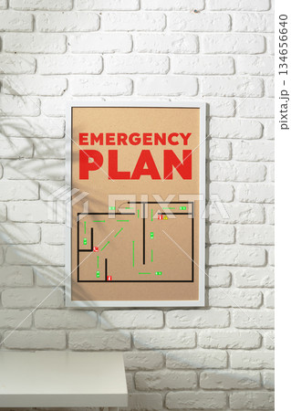 Emergency plan poster showing evacuation routes in a clear and simple layout Emergency plan poster showing evacuation routes in a clear and simple layout 134656640