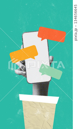 Hand holding smartphone with colorful chat bubbles against bright teal background Hand holding smartphone with colorful chat bubbles against bright teal background 134656645