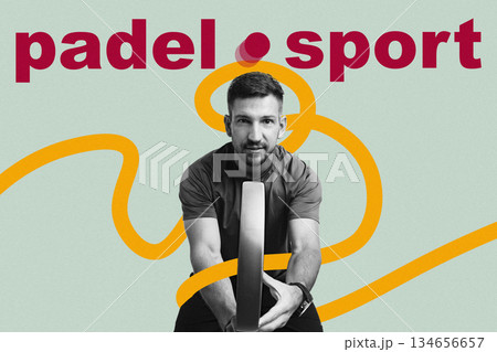 Padel sport player prepares for a game with his racket and focused expression Padel sport player prepares for a game with his racket and focused expression 134656657