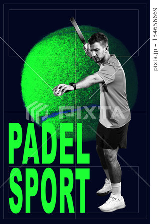 Dynamic padel player prepares for action on the court against a vivid green background 134656669