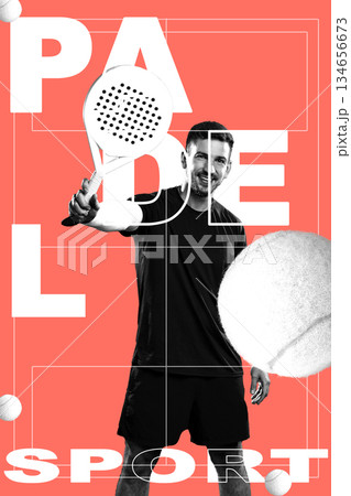 Padel player showcasing skills on the court in a vibrant setting Padel player showcasing skills on the court in a vibrant setting 134656673