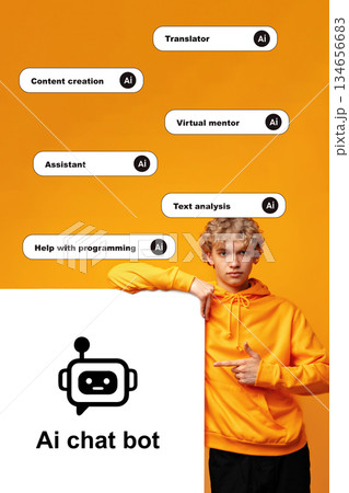 Young person points to AI chat bot on bright background with various application ideas displayed 134656683