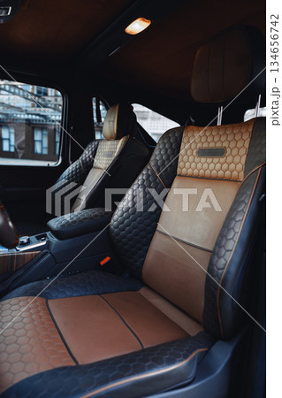 Luxurious leather car interior with hexagonal pattern in a modern vehicle 134656742