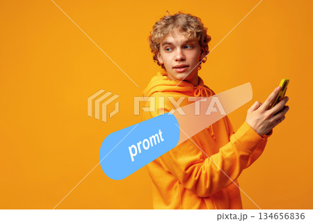 Young person with curly hair holding phone in front of bright orange background Young person with curly hair holding phone in front of bright orange background 134656836