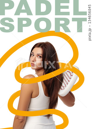 Woman holding padel racket in sporty attire against abstract background Woman holding padel racket in sporty attire against abstract background 134656845