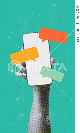 Hand holding smartphone with chat bubbles in vibrant background colors Hand holding smartphone with chat bubbles in vibrant background colors 134657010