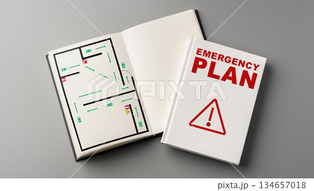 Emergency plan book showing safety map and guidelines for crisis situations 134657018