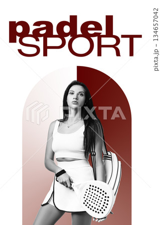 Young athlete poses confidently with padel racket and gear in modern sport design Young athlete poses confidently with padel racket and gear in modern sport design 134657042