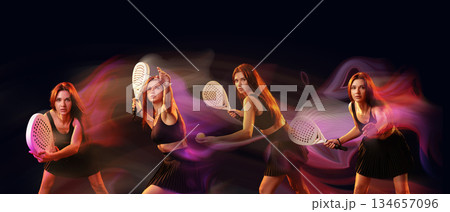 Dynamic tennis players showcase their skills in a vibrant display of movement and energy 134657096