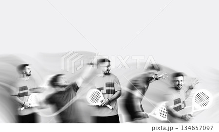 Dynamic action sequence of a player practicing padel on a court Dynamic action sequence of a player practicing padel on a court 134657097