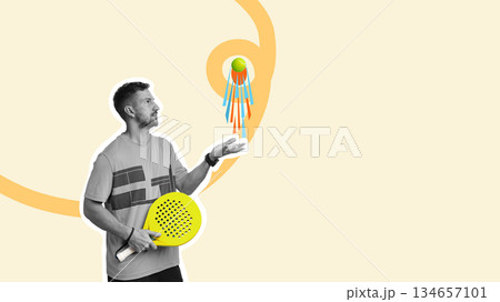 Man practices skillful moves with paddle and ball in a playful indoor setting 134657101
