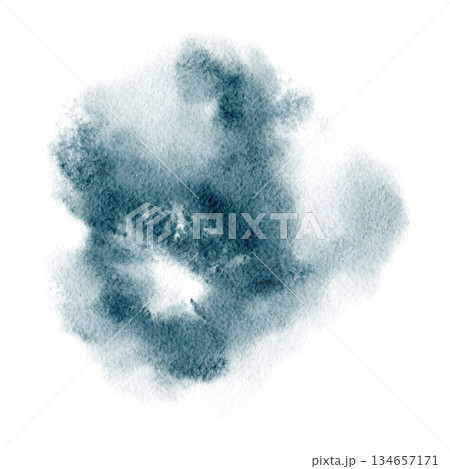 Abstract watercolor splash, hand painted blue wash with organic cloud like shape, soft edges and natural paper texture, isolated on white, ideal for backgrounds, branding, posters, calm modern design. 134657171