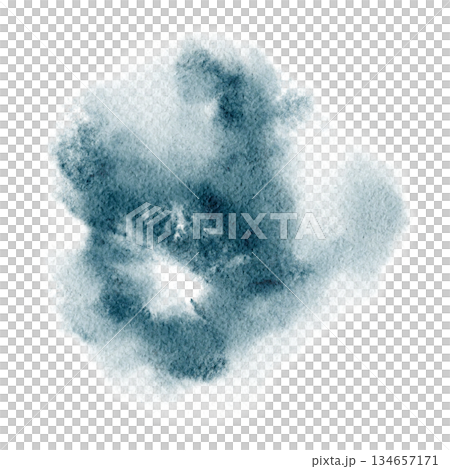 Abstract watercolor splash, hand painted blue wash with organic cloud like shape, soft edges and natural paper texture, isolated on white, ideal for backgrounds, branding, posters, calm modern design. 134657171