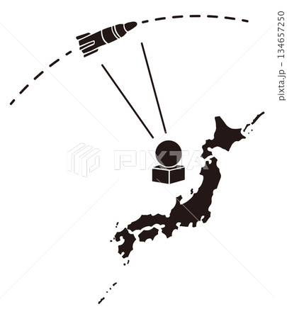 日本列島とミサイル警戒レーダーのシルエット ベクターイラスト｜防衛・安全保障・早期警戒 134657250