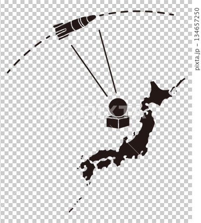 日本列島とミサイル警戒レーダーのシルエット ベクターイラスト｜防衛・安全保障・早期警戒 134657250
