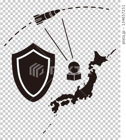Japanese archipelago, missile warning radar and shield silhouette vector illustration | Defense, security and early warning 134657251