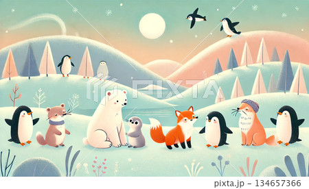 冬の雪原に並ぶシロクマとペンギンやキツネたちが穏やかに過ごす北国ファンタジー動物イラスト 134657366