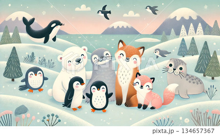雪山と海に囲まれた雪原でシロクマやペンギンとキツネたちが笑顔で集う冬の動物イラスト 雪山と海に囲まれた雪原でシロクマやペンギンとキツネたちが笑顔で集う冬の動物イラスト 134657367