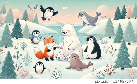 雪の湖と森に囲まれた北国でシロクマとペンギンやキツネが集う心やすらぐ冬の動物イラスト 134657374