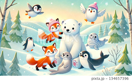 雪降る森の冬景色でシロクマを囲みキツネやペンギンとアザラシが遊ぶ絵本風動物イラスト 134657396