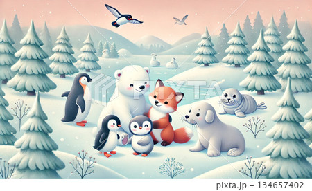 雪に包まれた森でシロクマとキツネとペンギンが寄り添う絵本風のかわいい冬の動物イラスト北国ファンタジー 134657402