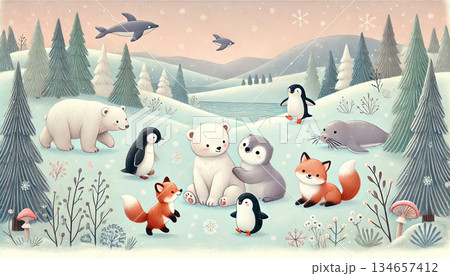 雪降る北国の森でシロクマの親子とペンギンやキツネが集うやさしい冬の絵本風イラスト 134657412