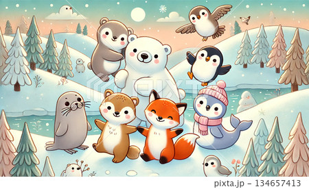雪景色の森でシロクマとペンギンやキツネたちが仲良く集う冬のかわいい絵本風イラスト 雪景色の森でシロクマとペンギンやキツネたちが仲良く集う冬のかわいい絵本風イラスト 134657413
