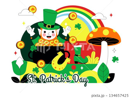 Happy St. Patrick's Day Vector Illustration on March 17 Featuring Golden Coins, Green Hat, Beer, and Shamrocks in Flat Style Cartoon Background 134657425
